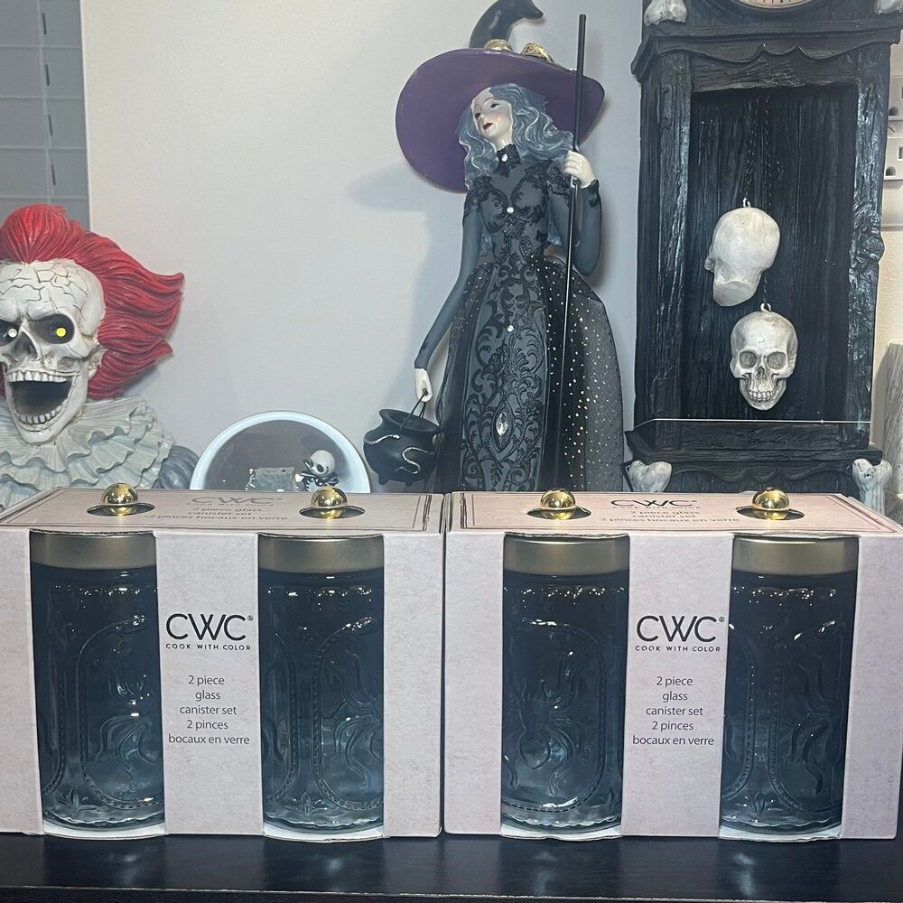 CWC Cook With Color Halloween Bats Skulls 2-Piece Blue Glass Canister Set (2)